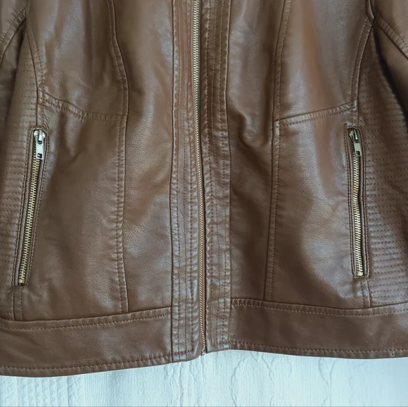 A.nd Tan Leather Moto Jacket Brown Cropped Biker Classic Heavy Cool Zippers Larg - Picture 3 of 10